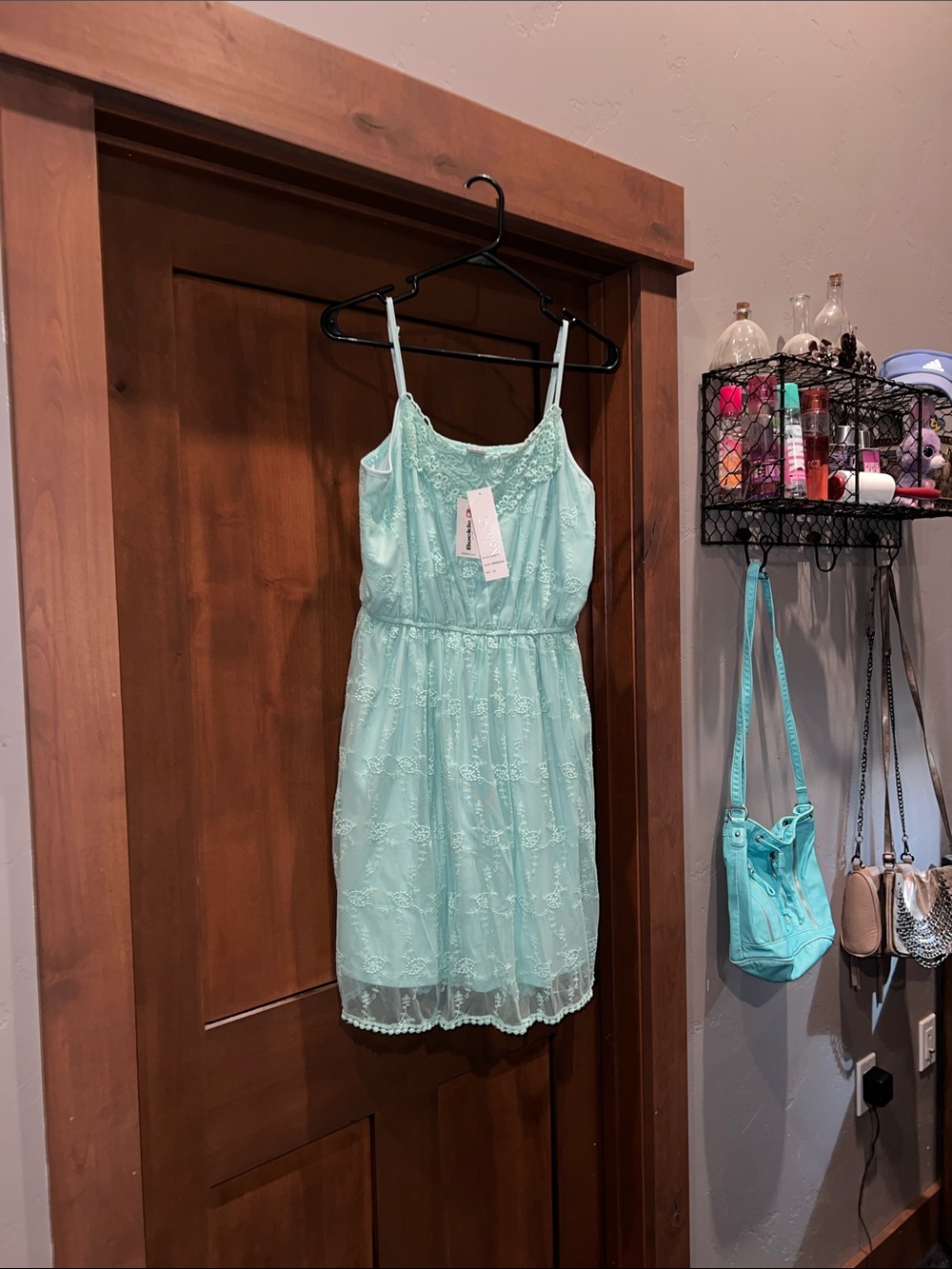 Pinky Lace/Crochet Overlay Dress-Mint